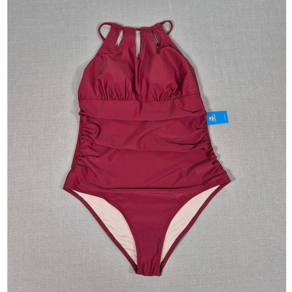 CUPSHE‎ Womens Burgundy High Neck Ruched Tummy Control One Piece Swimsuit Large